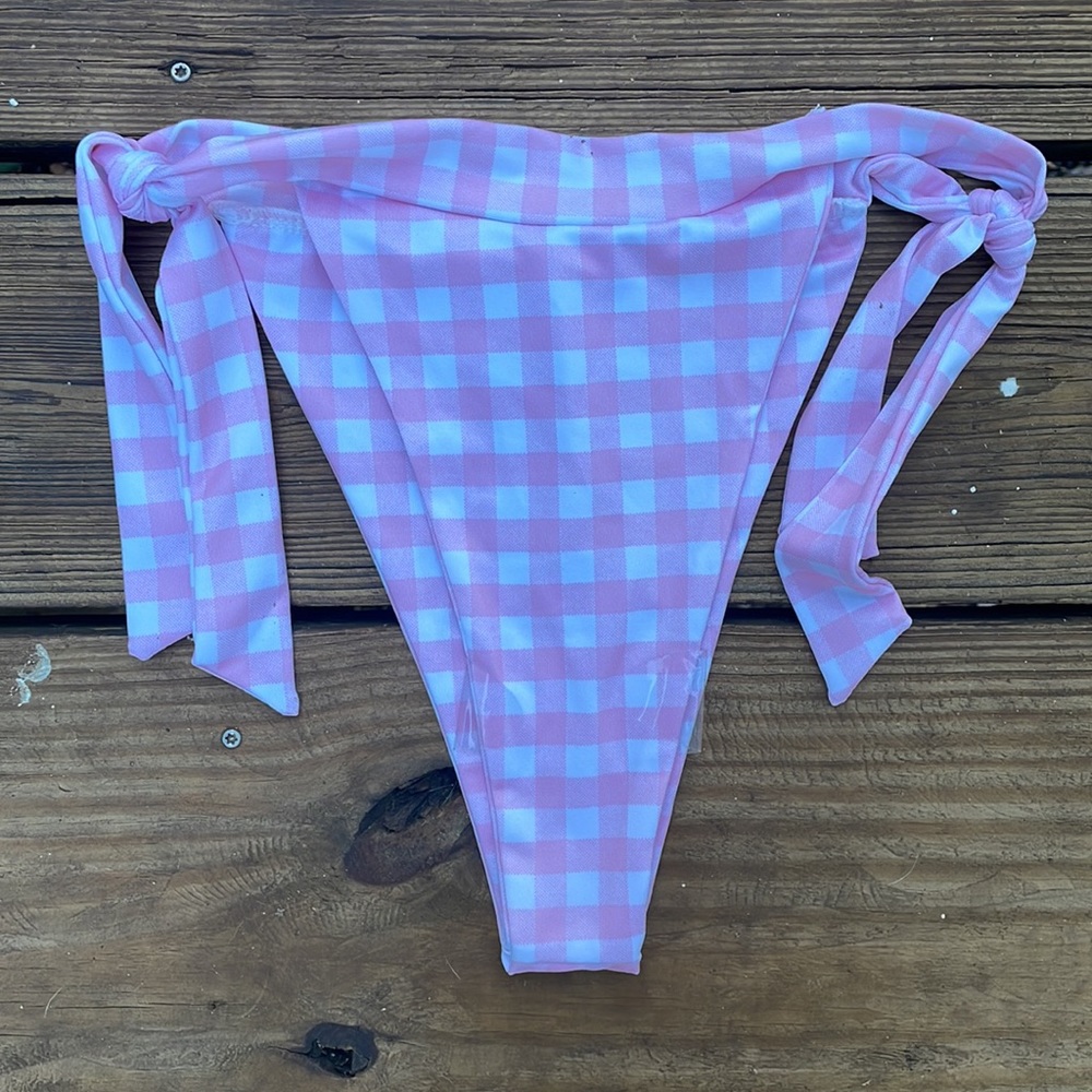 PLT Gingham Print Tie-Side High-Rise Bikini Bottoms